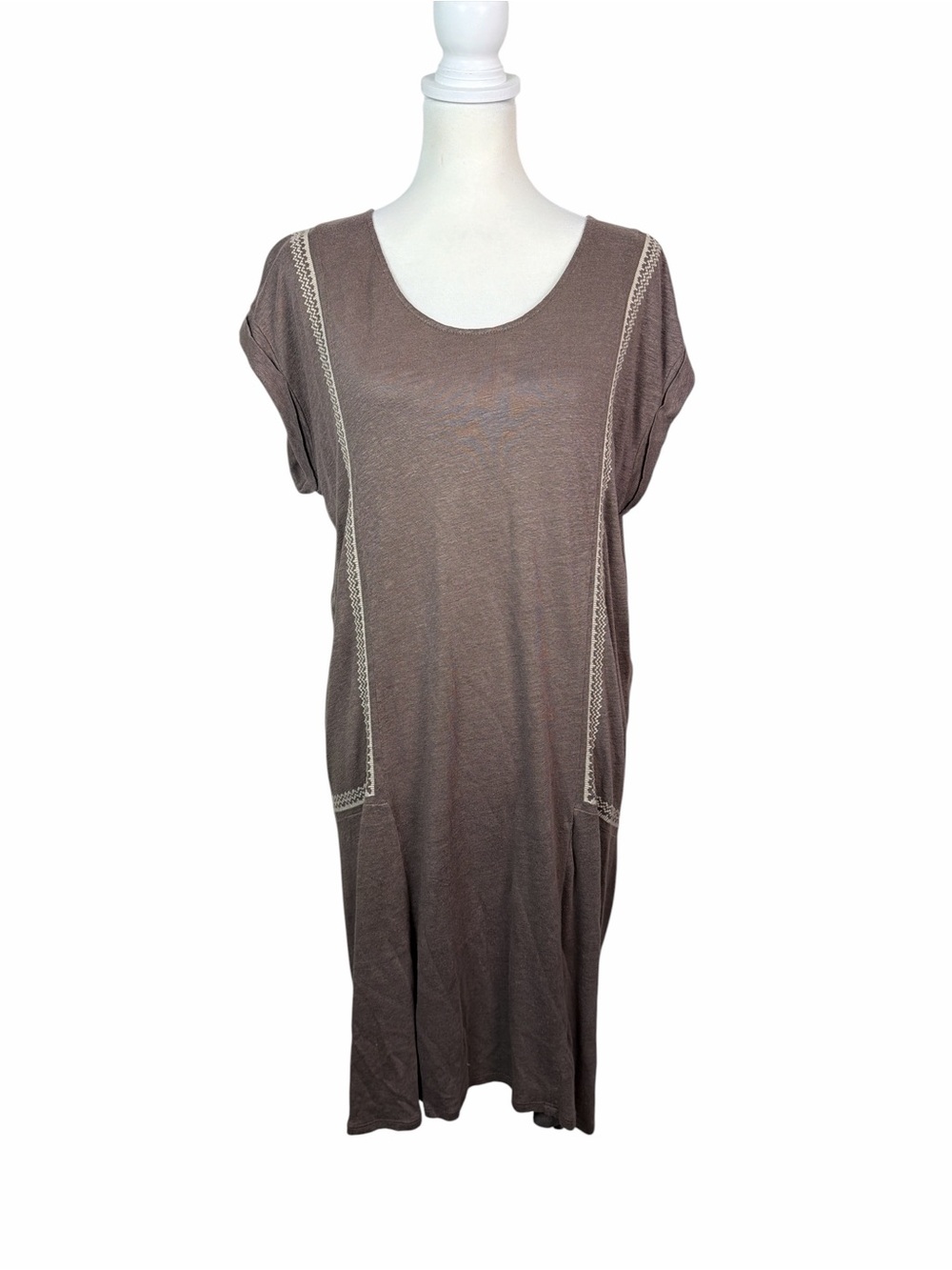 Garnet Hill Organic Linen Dress Women’s Medium Brown Embroidered Boho Lagenlook
